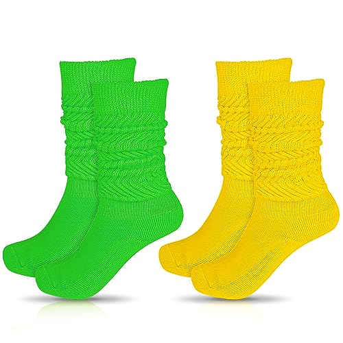 2 Pares Calcetines Holgados para Mujer Calcetines Hasta la Rodilla de Punto Neón Calcetines Holgados Extra Largos Calcetines Térmicos para Fiesta de los 80 Baile Deporte Ropa Informal（Verde Amarillo）