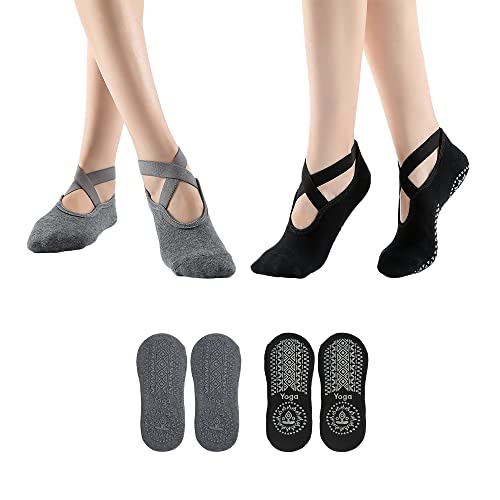 2 Pares Calcetines Yoga Mujer Antideslizantes Calcetines Pilates Muje Calcetines Deporte Cortos Calcetines Con Suela de Goma Grip Socks para Pilates Ballet Danza Fitness (Negro + Gris Oscuro)