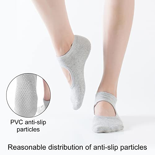 2 pares de calcetines de yoga antideslizantes con 2 bolsas con cordón, calcetines de algodón para pilates, calcetines de gimnasio con empeine abierto,trampolín (negro, gris)