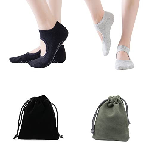 2 pares de calcetines de yoga antideslizantes con 2 bolsas con cordón, calcetines de algodón para pilates, calcetines de gimnasio con empeine abierto,trampolín (negro, gris)