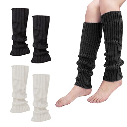 2 pares de calentadores de piernas de punto de invierno, leggings de lana de otoño e invierno, guantes elásticos para piernas en blanco y negro, medias de 40 cm, adecuadas para otoño e invierno.