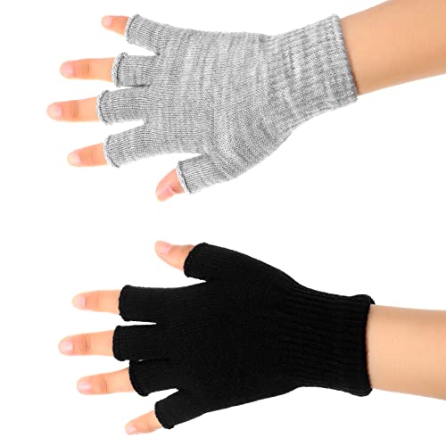 2 Pares de Guantes de Medio Dedo Guantes Cálidos Unisex sin Dedos de Invierno para Hombres Mujeres (Negro, Gris)