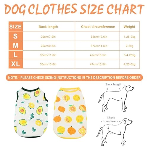 2 Pcs Camisas para Perros, Lindo Transpirable Deportivo para Perros con Patrones Frutas, Verano Camiseta de Algodón, Cachorros Chaleco Suave, Ropa de Mascotas para Pequeños Medianos Perro Gato (Small)