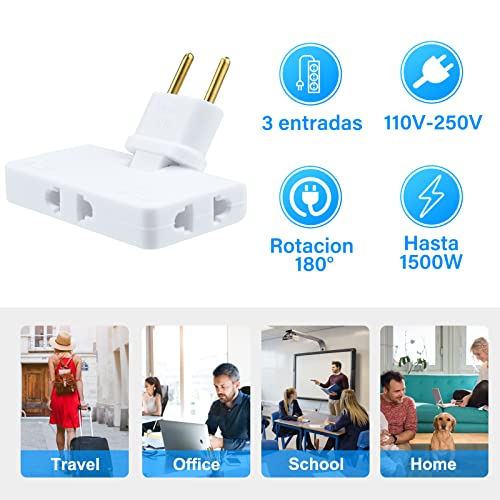 2 pcs Enchufes Plano con 3 Tomas y Cabezal Giratorio 180º válido para Lugares sin Espacio detrás de TV, Mueble, Cama, Enchufe Giratorio 180º, Material ignífugo, 1500W, Certificado CE