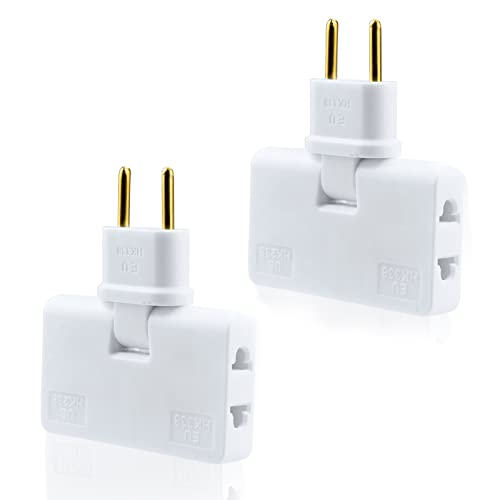 2 pcs Enchufes Plano con 3 Tomas y Cabezal Giratorio 180º válido para Lugares sin Espacio detrás de TV, Mueble, Cama, Enchufe Giratorio 180º, Material ignífugo, 1500W, Certificado CE