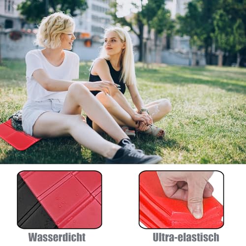 2 Pcs Plegable Almohadilla Cojines Asiento de Espuma, Cojín Plegable Al Aire Libre, Estera de Asiento Impermeable Portátil con Bolsa de Almacenamiento, para Acampar Picnic (Negro y Rojo)