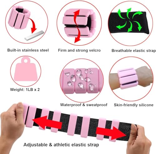 2 Pesas Ajustables para muñeca, Pesas para Tobillo, para Ejercicio, Caminar, Correr, Yoga, aeróbicos, Pilates, Pulsera para soportar Peso, Pulsera de Fitness (pink)