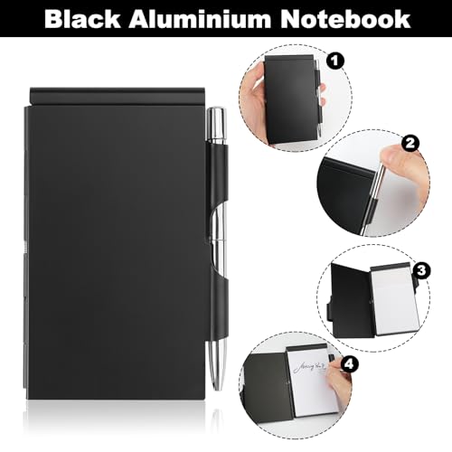 2 Piezas Cuaderno de Bolsillo Pequeño de Metal, Libreta Pequeña de Bolsillo con Bolígrafo, Juego de Mini Bloc de Notas de Bolsillo de Aluminio con Tapa, para Oficinas, Escuelas, Restaurantes (Negro)