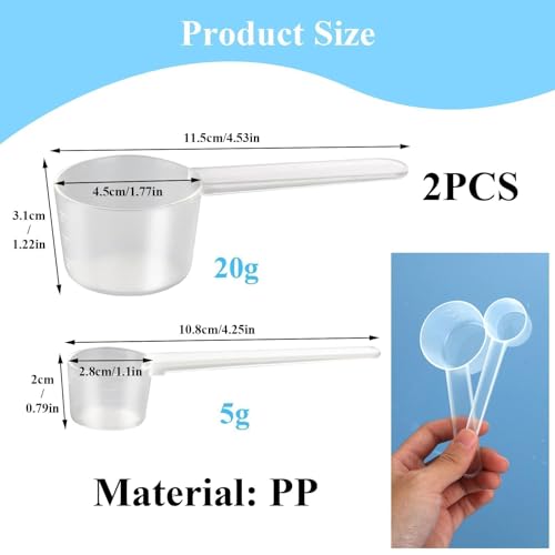 2 Piezas Cuchara Medidora Gramos, punwey Gramos de Plastico Cucharas Medidoras, Transparentes de Proteínas Polvo Café Medidor 5 g, 20 g Taza Medidora Medidor para Medir Proteína en Polvo y Cocinar