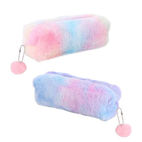 2 Piezas Estuches de Felpa, Estuche de arcoíris Encantador, Bolsa de Almacenamiento de Papelería con Gran Capacidad, Estuches de Peluche para Niños, Regalo Ideal para Cumpleaños (Rosa, Morado)