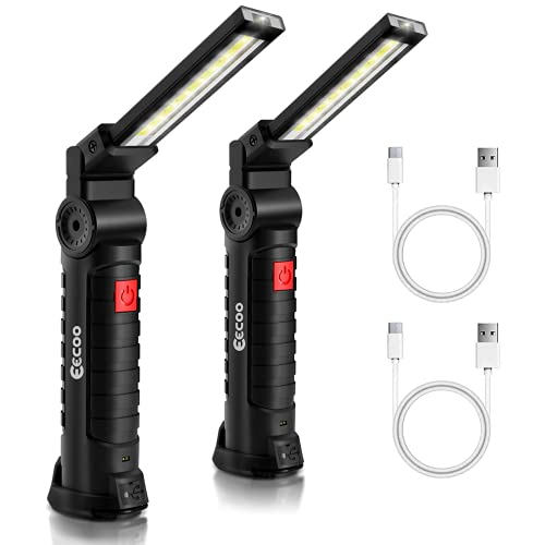 2 Piezas Linterna Taller LED Recargable 1200mAh, Linterna de Trabajo 5 Modos Súper ‎Brillante, Lámpara de Inspección con Base Magnética y Gancho para Emergencia, Taller, Automóviles (Grande)