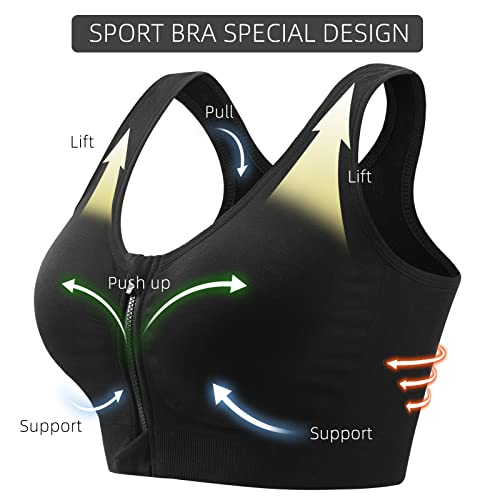 2 Piezas Sujetador Deportivo Mujer Alto Impacto con Cremallera Delantera Almohadillas Extraíbles Sport Bra Top para Yoga Gimnasio Correr (Negro Gris,L)