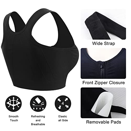 2 Piezas Sujetador Deportivo Mujer Alto Impacto con Cremallera Delantera Almohadillas Extraíbles Sport Bra Top para Yoga Gimnasio Correr (Negro Gris,L)