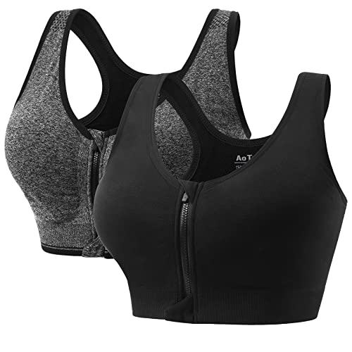 2 Piezas Sujetador Deportivo Mujer Alto Impacto con Cremallera Delantera Almohadillas Extraíbles Sport Bra Top para Yoga Gimnasio Correr (Negro Gris,L)