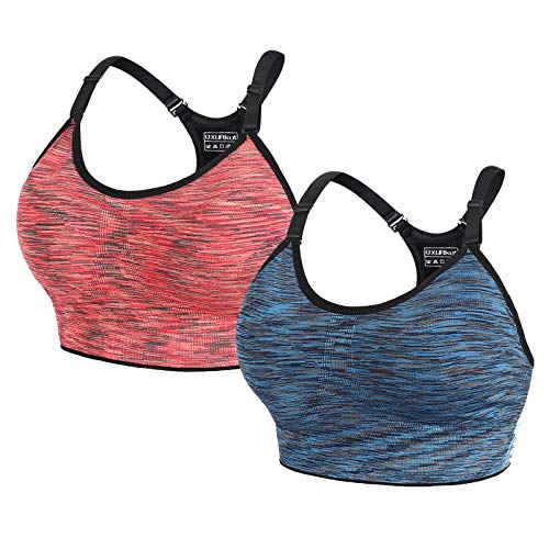 2 Piezas Sujetador Deportivo Mujer de Alto Impacto, Ajustable Push Up Sujetadores Sport Bra Top sin Costuras Almohadillas Extraíbles para Yoga Gimnasio Running (Azul Naranja, XL)