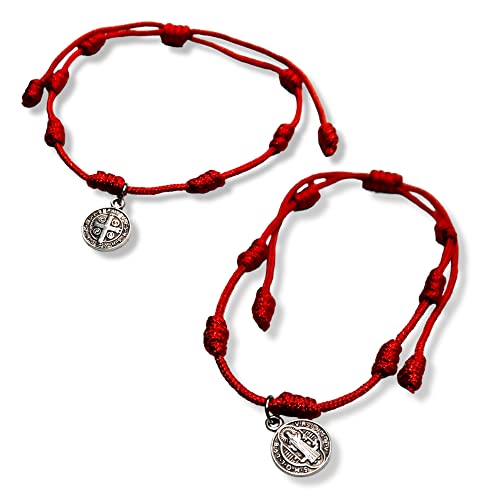 2 Pulsera Hilo Rojo del Destino. Colgante San Benito Chapado en Plata de Ley Contra el Mal de Ojo, Buena Suerte y Protección (Con San Benito)