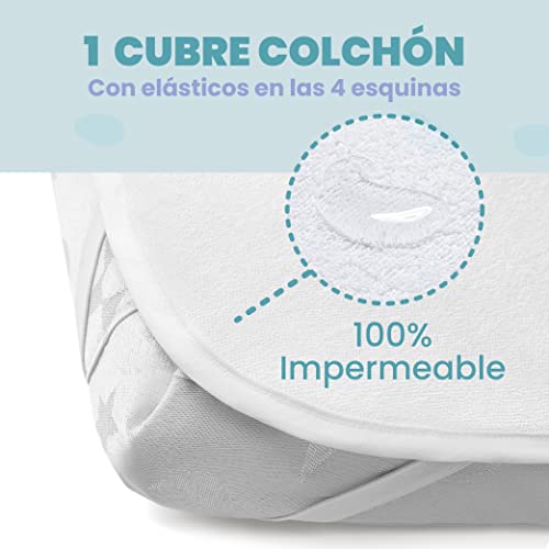 2 Sabanas Minicuna + 1 cubrecolchon para minicunas para Bebes Impermeable elástico - Lote de 3 Ropa de Cuna - Talla 55x90cm - Compatible con cunas, colchon - Niño y Niña - Naranja