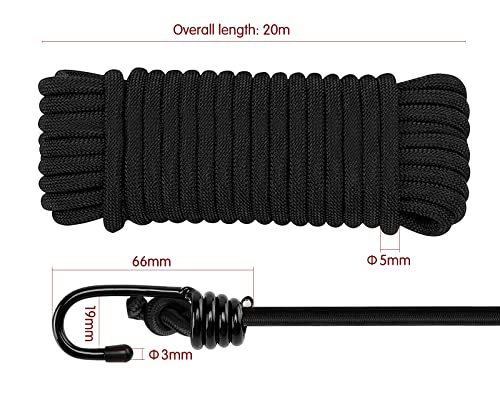 20 m de Cuerda elástica Segura, Cuerdas Elásticas con Ganchos,，Correas elásticas para Motocicleta,Cuerdas Elásticas y Fijaciones,Coche,Bicicleta（Negro）