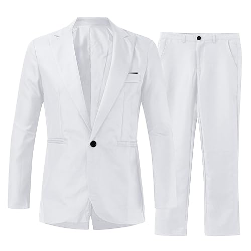 2023 Traje de 2 Piezas Hombre Suit Chaqueta Chaleco pantalón Traje de Fiesta de Navidad Boda Negocios Abrigo Moderna Chaqueta de un Solo Pecho Esmoquin Manga Larga (White, L)