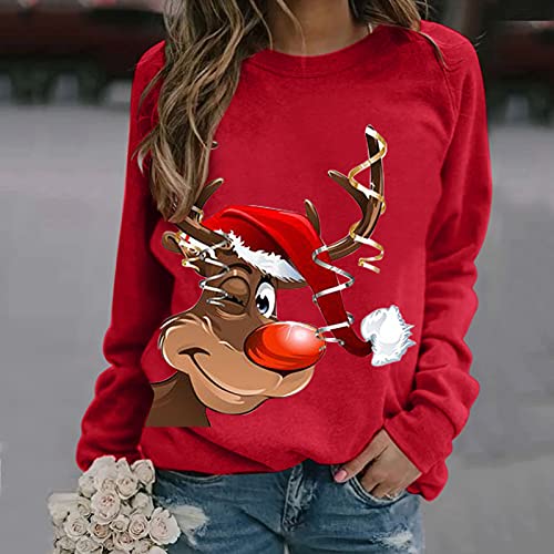 2024 Navidad Nueva sudadera de mujer de manga larga impresa top casual suéter de Navidad Snap T Pullover, rosso, XL