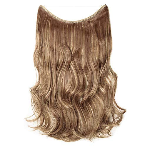 20"(50cm) Extensiones de Cabello Natural con Hilo Invisible Sin Clip Pelo Sintético Una Pieza Rizada Onduada Postizos Pelucas (90g,Marrón Claro mezcla Rubio Ceniza)