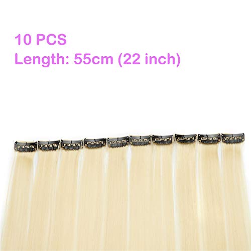 20"(50cm) SEGO Extensiones de Cabello Clip Colores 10PCS Mechas Postizas para Niñas Muñecas [Blanqueador Rubio] Pelo Sintético Se Ve Natural Accesorios Lisos(80g)