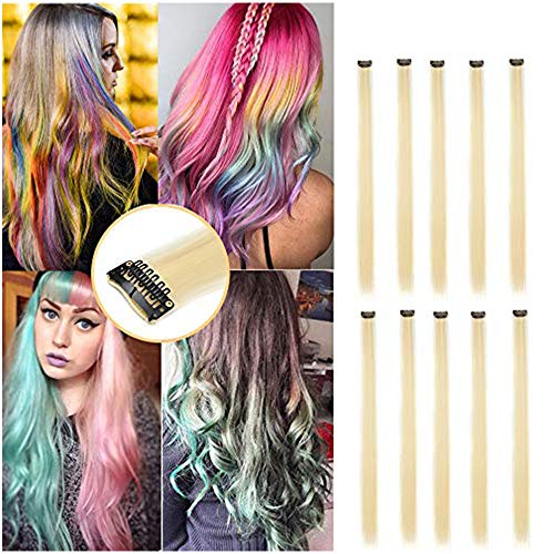 20"(50cm) SEGO Extensiones de Cabello Clip Colores 10PCS Mechas Postizas para Niñas Muñecas [Blanqueador Rubio] Pelo Sintético Se Ve Natural Accesorios Lisos(80g)