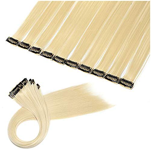 20"(50cm) SEGO Extensiones de Cabello Clip Colores 10PCS Mechas Postizas para Niñas Muñecas [Blanqueador Rubio] Pelo Sintético Se Ve Natural Accesorios Lisos(80g)