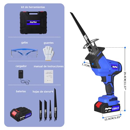 21V Sierra Sable Inalámbrica Con 4 Hojas 1 Batería Sierra Sable Longitud De Carrera 15mm Velocidad Controlable 0-1900 RPM Con Iluminación Led Sierra Sable Para Cortar Madera y Metal