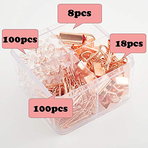 226 Juego de Papelería de Oro Rosa para la Oficina, 100pcs Clips de Papel Oro Rosa, 100pcs Chinchetas de Mapa, 18pcs Clips de Papel de Metal, 8pcs Clips de Bulldog