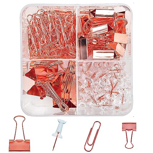 226 Juego de Papelería de Oro Rosa para la Oficina, 100pcs Clips de Papel Oro Rosa, 100pcs Chinchetas de Mapa, 18pcs Clips de Papel de Metal, 8pcs Clips de Bulldog