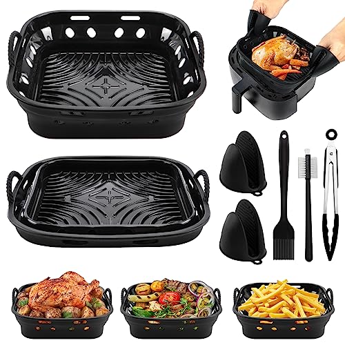 22cm Molde Silicona Freidora de Aire con 2 Moldes Silicona,2 Guantes,Pinzas cocina,Pincel Cocina,Cepillo plato. Accesorios Freidora de Aire son compatibles con COSORI 5,5L Cecotec 6L(Negro)