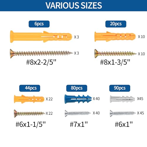 240 Piezas Juego Tacos y Tonillos, Tornillos Autorroscantes y Tacos de Plástico, Tornillos de Pared con Anclajes de Expansión para Paneles de Yeso, Concreto, Pladur, Hormigón Ladrillo