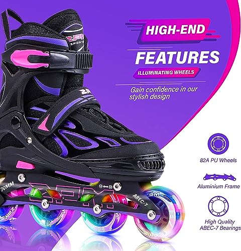 2PM SPORTS Vinal Ajustable Iluminación Patines en línea para Hijo y Adolescentes con luz Completa hasta LED Ruedas, Diversión Flashing Roller Blades para niños y niñas (L 37.5-41)