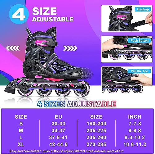 2PM SPORTS Vinal Ajustable Iluminación Patines en línea para Hijo y Adolescentes con luz Completa hasta LED Ruedas, Diversión Flashing Roller Blades para niños y niñas (L 37.5-41)