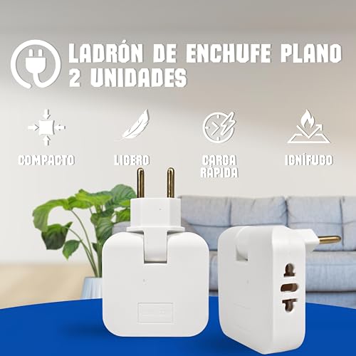 2u Ladrón de enchufe plano cabezal giratorio 180º, adaptador europeo y americano con USB, para lugares difícil acceso (detrás de mueble, TV, cama) 2 puertos carga USB dual y 2 tomas de 220V