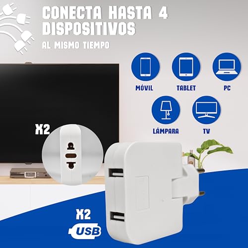 2u Ladrón de enchufe plano cabezal giratorio 180º, adaptador europeo y americano con USB, para lugares difícil acceso (detrás de mueble, TV, cama) 2 puertos carga USB dual y 2 tomas de 220V