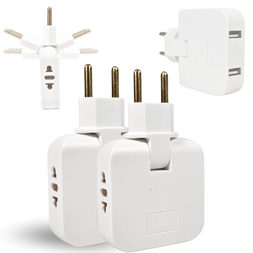 2u Ladrón de enchufe plano cabezal giratorio 180º, adaptador europeo y americano con USB, para lugares difícil acceso (detrás de mueble, TV, cama) 2 puertos carga USB dual y 2 tomas de 220V