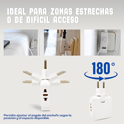 2u Ladrón de enchufe plano cabezal giratorio 180º, adaptador europeo y americano con USB, para lugares difícil acceso (detrás de mueble, TV, cama) 2 puertos carga USB dual y 2 tomas de 220V