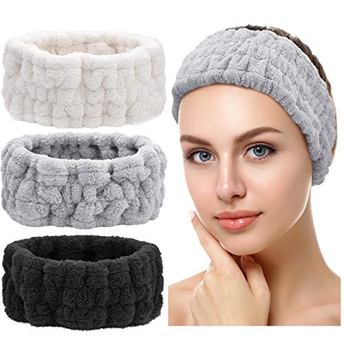 3 Diademas Faciales de Spa para Maquillaje y Lavar Cara Banda Facial de Cabeza para Spa Yoga Ducha Envoltura Elástica para Cabeza para Niña Mujer (Negro, Blanco, Gris Claro)