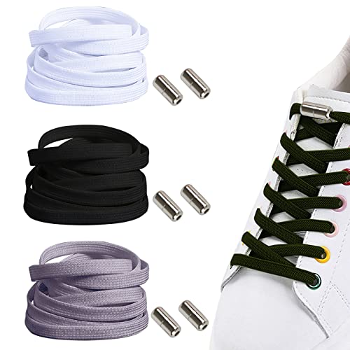 3 Pares Cordones Elásticos sin Nudo con Hebilla Metal,Cordones Elasticos Niños Adultos Zapatillas Deporte, Planos Cordones Zapatos Negros Blancos 100cm para Calzado Casual, Calzado Deportivo