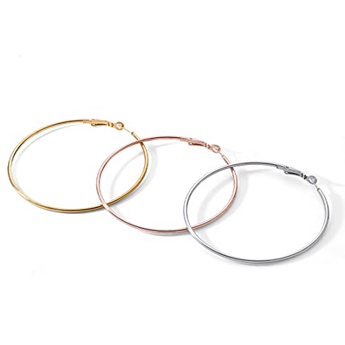 3 pares de aros grandes, aros de acero inoxidable, plata chapada en oro rosa, orejas sensibles para mujeres y niñas (juego de 3 colores) （8cm）