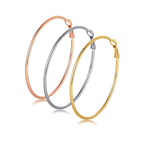 3 pares de aros grandes, aros de acero inoxidable, plata chapada en oro rosa, orejas sensibles para mujeres y niñas (juego de 3 colores) （8cm）