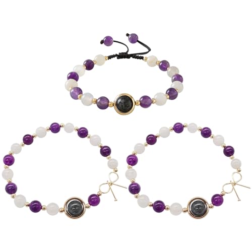 3 Pcs Pulsera de Amatista de Piedra Luna Natural Amethyst Crystal Bracelets for Women Pulseras de Cristal de Amatista Natural Para Mujeres Pulsera de Amatista Para Adelgazar Adelgazamiento Saludable