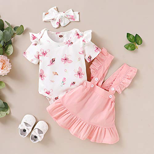 3 Piezas Conjunto Ropa Bebe Niña 0-3 Meses Verano Vestidos Algodon Mono de Floral+Falda de Tirantes+Banda de Pelo para 0-18 Meses Recien Nacido Niño (0-3 Meses, Rosa)