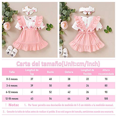 3 Piezas Conjunto Ropa Bebe Niña 0-3 Meses Verano Vestidos Algodon Mono de Floral+Falda de Tirantes+Banda de Pelo para 0-18 Meses Recien Nacido Niño (0-3 Meses, Rosa)