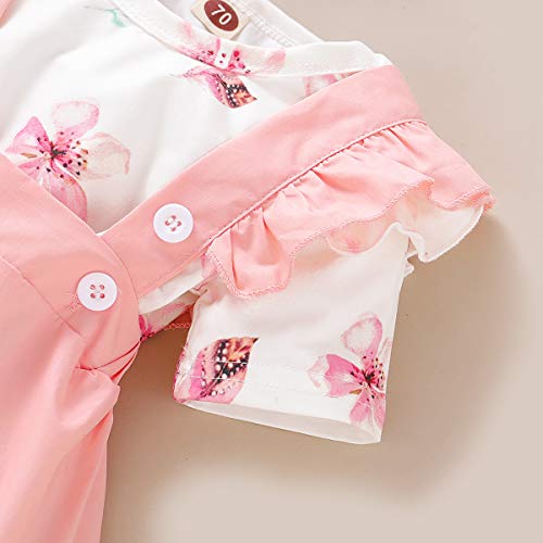 3 Piezas Conjunto Ropa Bebe Niña 0-3 Meses Verano Vestidos Algodon Mono de Floral+Falda de Tirantes+Banda de Pelo para 0-18 Meses Recien Nacido Niño (0-3 Meses, Rosa)