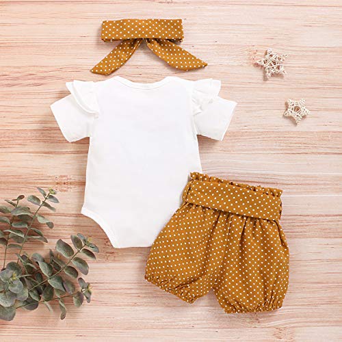 3 Piezas Conjunto Top y Pantalones Ropa Bebe Niña 0-3 meses Verano Algodon - Mono “isn't she lovely” + Pantalón Corto a Lunares + Banda de Pelo para 0-18 Meses Recien Nacido Niño (0-3 Meses, Amarillo)