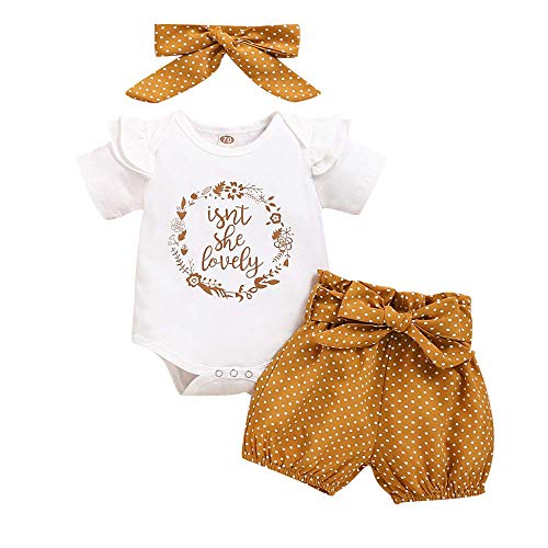 3 Piezas Conjunto Top y Pantalones Ropa Bebe Niña 0-3 meses Verano Algodon - Mono “isn't she lovely” + Pantalón Corto a Lunares + Banda de Pelo para 0-18 Meses Recien Nacido Niño (0-3 Meses, Amarillo)