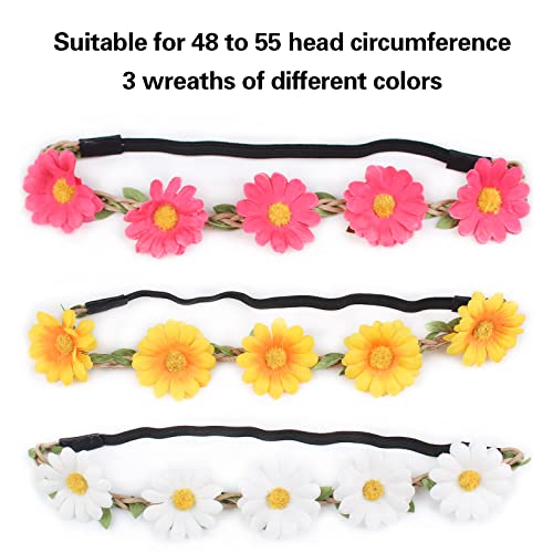 3 Piezas Diadema de Flores Corona, Diadema de Flores con Cinta Elástica Ajustable para Girasol Diadema Multi Color para Pelo Tocado Nupcial del Banquete de Boda Mujeres Niñas Fiesta Playa